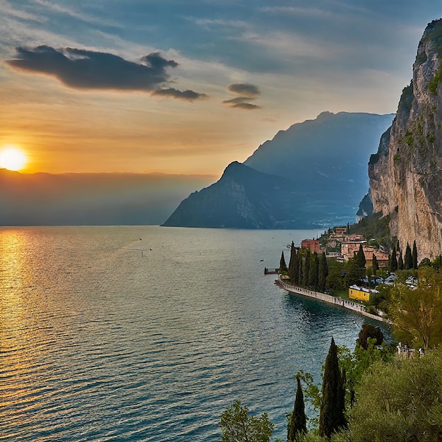 Paesaggio del lago al tramonto Estate e colori caldi