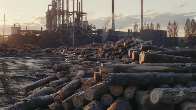 Paesaggio del legname industriale al crepuscolo un netto contrasto tra natura e industria