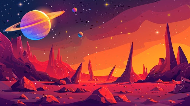 Paesaggio del mondo fantasy con montagna e terra rocciosa superficie deserta terreno di pietra rossa con cratere luna e stella di Saturno scintilla nel cielo galassia