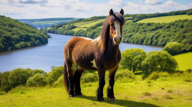 Paesaggio del parco nazionale di Exmoor Un bellissimo pony che pasca sui terreni agricoli del lago Wimbleball nel Devon