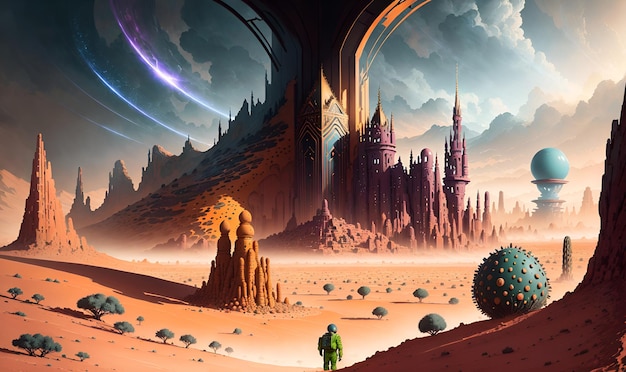 Paesaggio del pianeta alieno con strutture ad alta tecnologia arte digitale gioco magico wall art background IA generativa