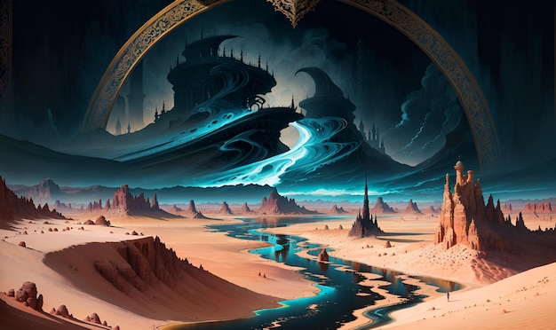 Paesaggio del pianeta alieno con strutture ad alta tecnologia arte digitale gioco magico wall art background IA generativa