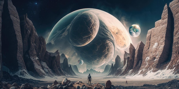 Paesaggio del pianeta esterno con il romanzo di fantascienza