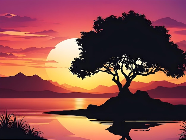 Paesaggio del tramonto con vista sul mare e illustrazione di palme