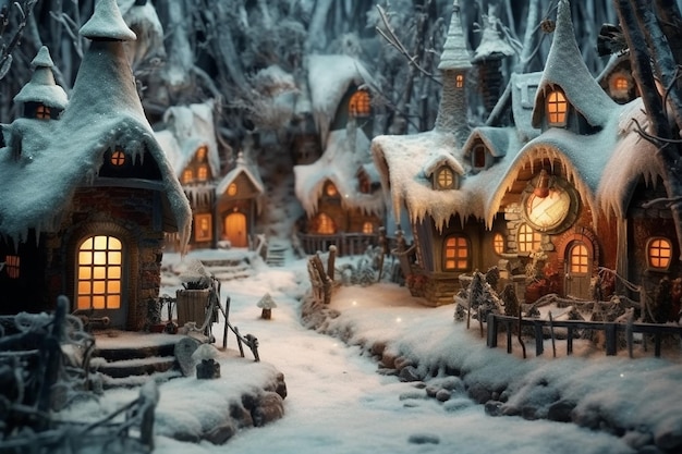 Paesaggio del villaggio della notte di Natale Inverno neve strada accogliente con luci nelle case Vacanze invernali