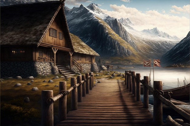 Paesaggio del villaggio vichingo con fiume di montagne e case rustiche IA generativa