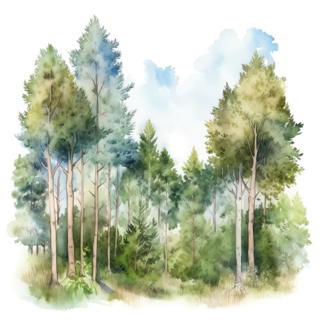Paesaggio dell'acquerello della foresta che disegna nei colori verdi