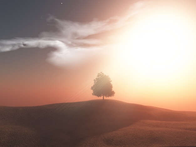 Paesaggio dell'albero 3D contro un cielo di tramonto