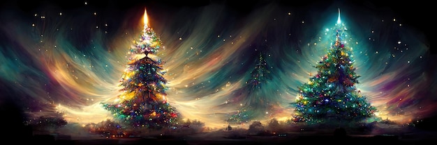 Paesaggio dell'albero di Natale, buon natale. Illustrazione digitale.