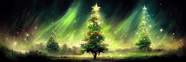 Paesaggio dell'albero di Natale, buon natale. Illustrazione digitale.