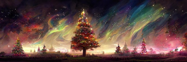 Paesaggio dell'albero di Natale, buon natale. Illustrazione digitale.