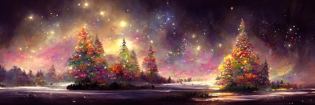 Paesaggio dell'albero di Natale, buon natale. Illustrazione digitale.