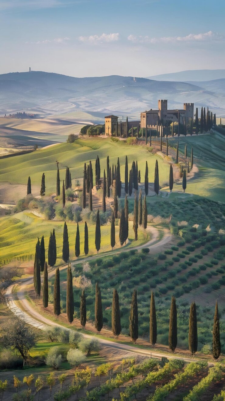 Foto paesaggio della campagna italiana paesaggio romantico della toscana con cipressi e castelli
