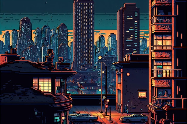 Paesaggio della città di pixel art con edifici case strade sfondo in stile retrò per gioco a 8 bit