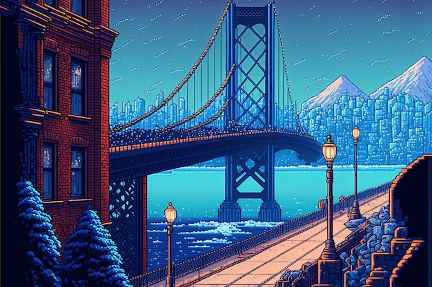 Paesaggio della città di pixel art con edifici case strade sfondo in stile retrò per gioco a 8 bit