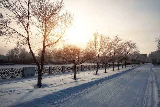 Paesaggio della città innevato di inverno. Bel cielo con un sole splendente. Strada nella neve