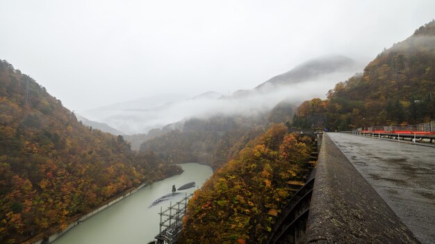 Paesaggio della foresta autunnale con vista della valle nebbiosa della montagna e della diga del fiume elettrica in giappone