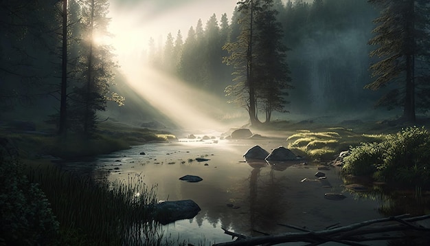 Paesaggio della foresta con il tempo nebbioso di mattina di alba generato AI HD 4K