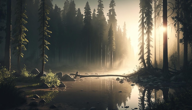 Paesaggio della foresta con il tempo nebbioso di mattina di alba generato AI HD 4K