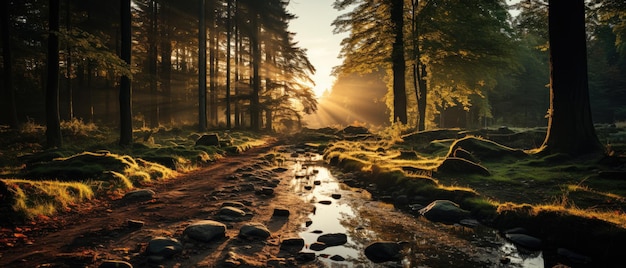 Paesaggio della foresta con raggi di sole generati dall'IA