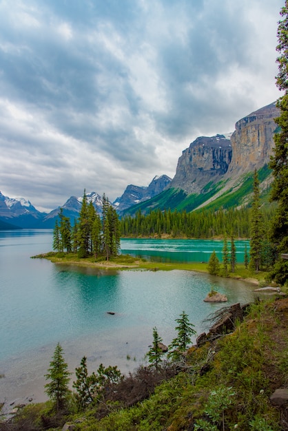 Paesaggio della foresta del Canada dell&#39;isola di spirito con la grande montagna nei precedenti, Alberta, Canada.