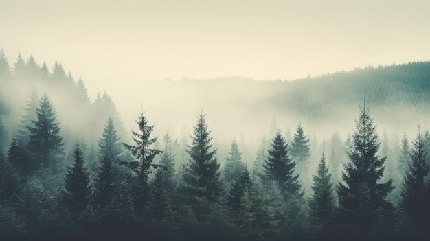 Paesaggio della foresta di pini nebbiosa all'alba