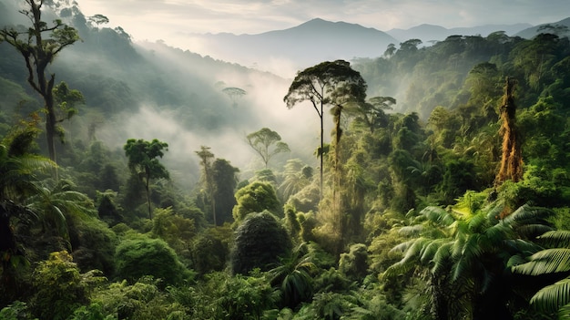 Paesaggio della foresta pluviale con alberi e nebbia