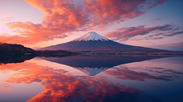 Paesaggio della montagna Fuji o Fujisan con riflesso sul lago Shoji Illustrazione Generativa AI