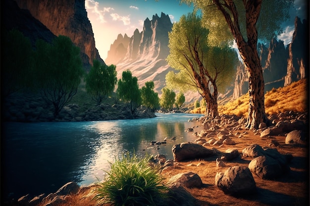 Paesaggio della natura con montagne fiume e alberi