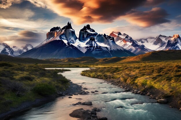 Paesaggio della Patagonia della montagna delle Ande a Torres del Paine Cile Ai generativa