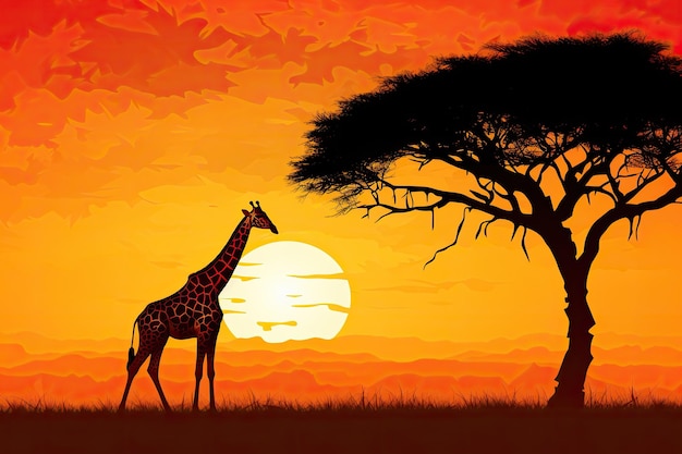 Paesaggio della savana africana con giraffa e albero di acacia al tramonto Silhouette giraffa Sfondo della fauna selvatica africana Bellezza a colori e libertà generato dall'intelligenza artificiale