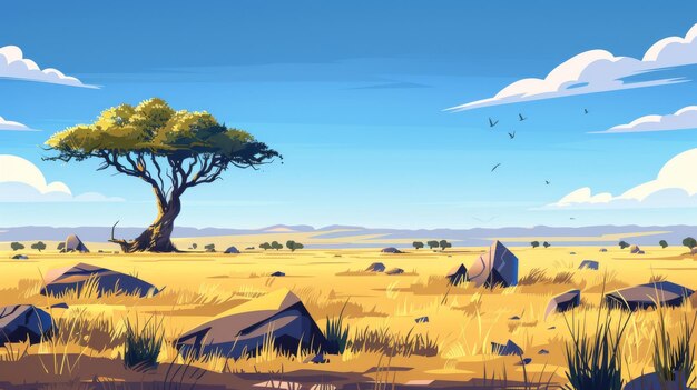 Paesaggio della savana africana natura selvaggia dell'Africa sfondo dei cartoni animati con erba rocce e alberi sotto un cielo blu limpido Kenya vista panoramica scena di parallasse