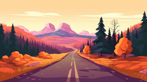 Paesaggio della strada vuota della montagna in autunno con i pini Ai generativo