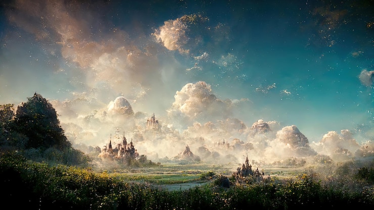 Foto paesaggio della valle di fantasia in stile fantasy con montagne ed enormi nuvole nel cielo