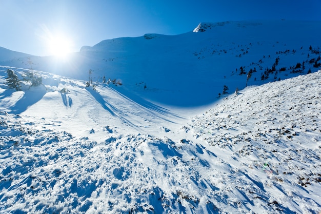 Paesaggio della valle e delle montagne di inverno della neve il giorno soleggiato