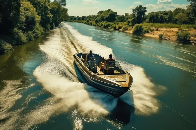 Paesaggio delle rive del fiume barca di velocità sul fiume giorno d'estate