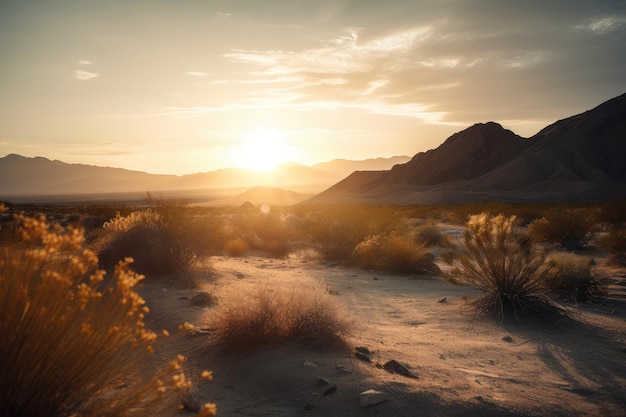 Paesaggio desertico al tramonto con il sole che tramonta dietro una lontana catena montuosa