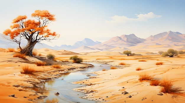 Paesaggio desertico con alberi e rive sabbiose Colori terrosi pittura ad olio IA generativa