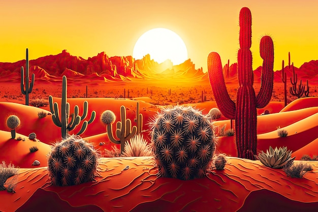 Paesaggio desertico con cactus e dune di sabbia contro il cielo pieno di ai generativo del sole nascente rosso