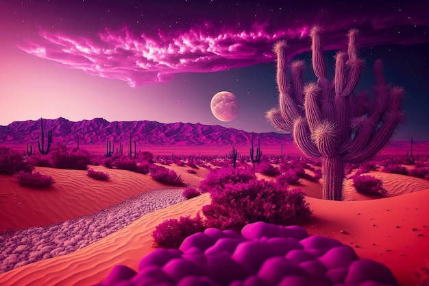Paesaggio desertico con cactus e dune di sabbia sullo sfondo del cielo viola intenso generativo ai