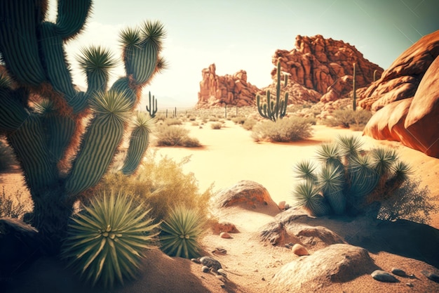 Paesaggio desertico con cactus e dune di sabbia tra rocce in area arida ai generativa