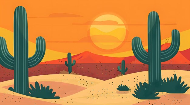 Paesaggio desertico con cactus e tramonto Illustrazione vettoriale