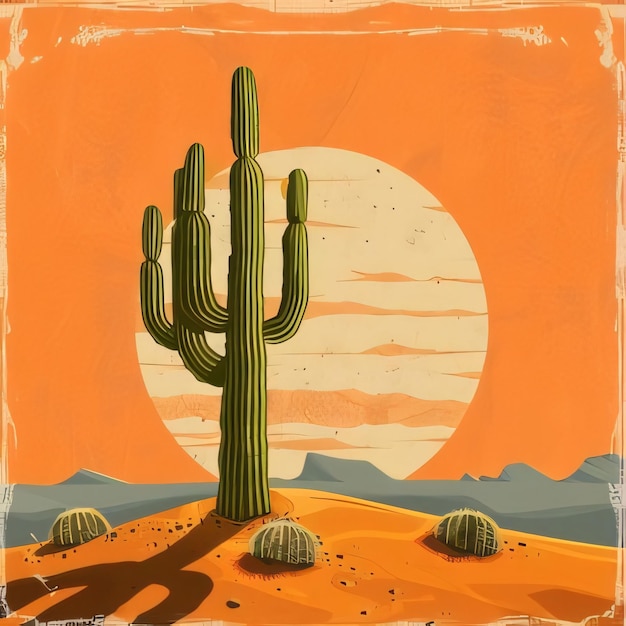 Paesaggio desertico con cactus Illustrazione vettoriale in stile retro
