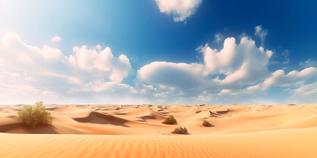 Paesaggio desertico con dune di sabbia e un cielo azzurro e limpido con nuvole sullo sfondo IA generativa