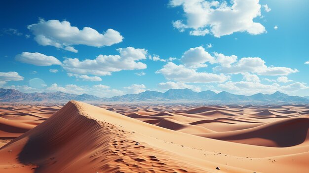 Paesaggio desertico con dune di sabbia sotto il cielo azzurro con nuvole bianche Ai generativo