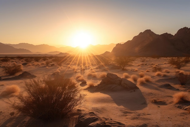 Paesaggio desertico con il sole che sorge all'orizzonte che getta luce calda su montagne lontane