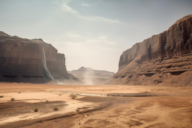 Paesaggio desertico con miraggio di torreggianti cascate in lontananza