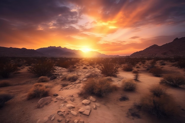 Paesaggio desertico con vista dell'alba e del tramonto circondati da un cielo colorato