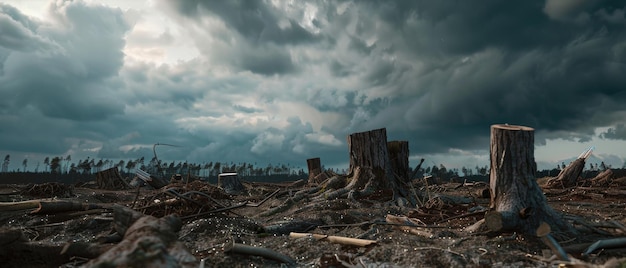 Paesaggio desolato con tronchi di alberi tagliati sotto nuvole tempestose