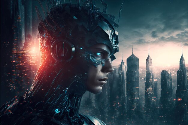 Paesaggio di alta qualità con un ritratto futuristico di un uomo cyborg cyberpunk tecnologia del futuro cyber impianti aggiornamento umano stile cupo intelligenza artificiale abbinata a un'intelligenza artificiale umana